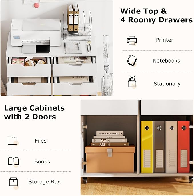 White File Cabinet with 4 Drawers and 2 Doors Under Desk Mobile Storage Organizer Wooden Printer Stand on Wheels 29 Lateral Filing Cabinet for Home Office Living Room