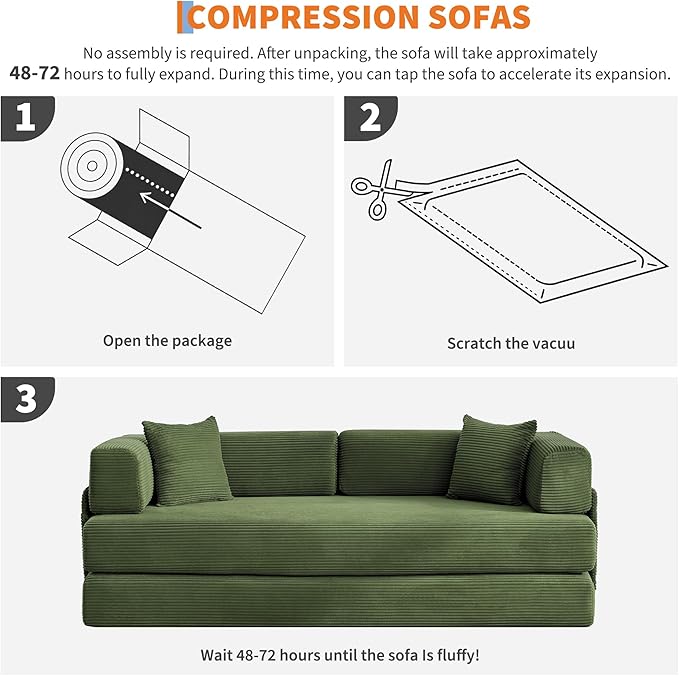 Convertible Sleeper Sofa Bed 78.8 Floor Sofa Bed 5-in-1 Folding Mattress Couch Loveseat with Fixed-Shape Frame Pillow Corduroy Fabric for Living Room Bedroom Lounge Green