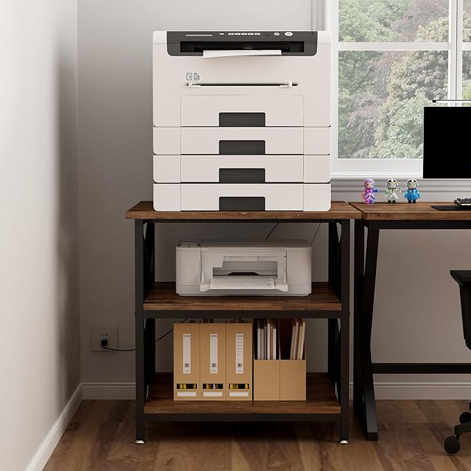 Large Printer Stand with Power Outlet with Height Adjustable Storage Shelf 3 Tier Rolling Printer Cart with Industrial Wheels 23.6 x 23.6 Inches Printer Table for Home Office Rustic Brown