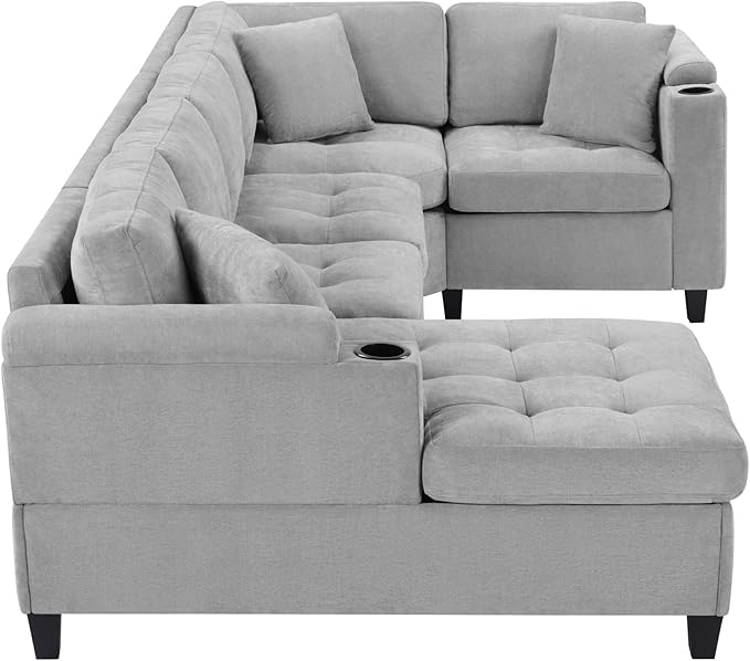 Merax 115.7 U-Shaped Chenille Sectional Sofa 4 Seat Corner Couch Oversized with Built-in Cup Holders 3 Pillows Storage Space for Living Room Light Grey