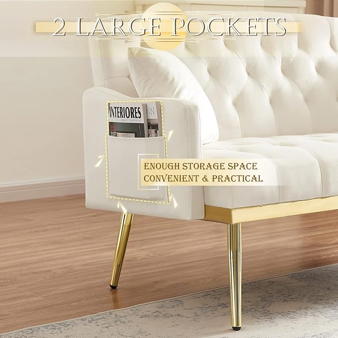 Antetek Upholstered Velvet Loveseat Sofa Modern Small Couch with Side Pocket and Golden Metal Legs Tufted Leisure Sofa for Living Room Bedroom Office Small Space Light Beige