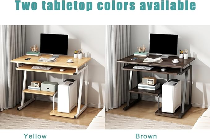 Small Computer Deskthree-layer computer desk with keyboard tray and host tray modern style compact computer desk suitable for home office small apartment and other scenes(Yellow23.6in*15.7in*28.7