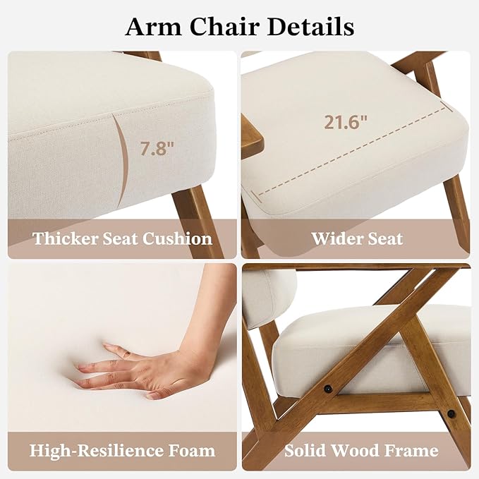Mid Century Modern Chair Beige Accent Chair Upholstered Armchair with Solid Wood Frame Comfy Reading Nook Chair Lounge Chairs for Living Room Bedroom Linen
