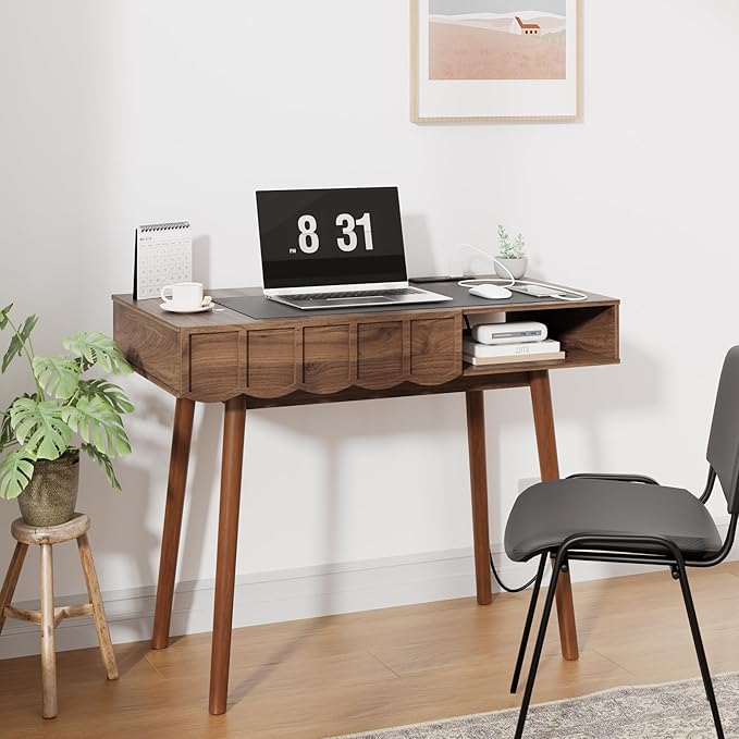 Pekdi Mid Century Modern Desk Modern Home Office Writing Desk with Open Storage Cubby and Small Drawer for Bedroom Small Space Walnut