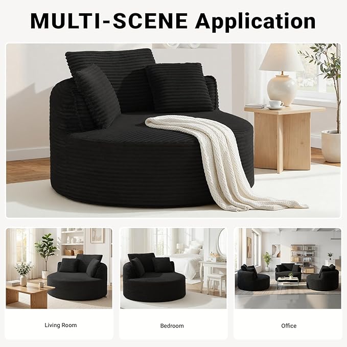 54-inch Oversized Round Chaise Longue Chair Indoor Modern Upholstered Corduroy Deep Seat Circle Chair Single Cloud Lounge Floor Sofa Chair for Living Room Bedroom Apartment Black