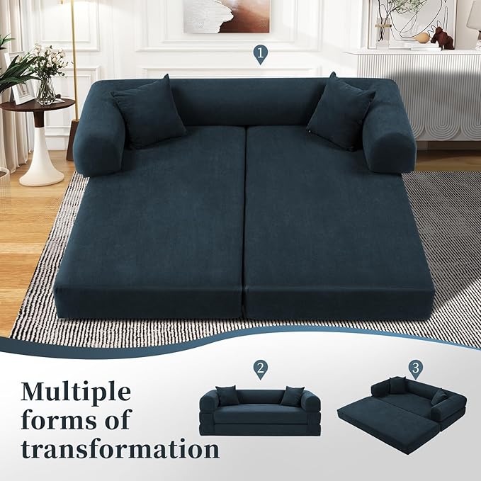 KBQ 3-Seat Convertible Sleeper Sofa Bed with 2 Pillows Corduroy Folding Mattress Couch Floor Sofa Lounge Couch for Living Room Bedroom Lounge Studio Navy Blue