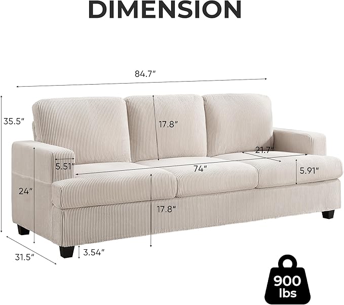 85 Inch Sofa with Side Pocket Corduroy Fabric 3 Seater Couch for Living Room Comfy Modern Small Couch for Bedroom Small Spaces Dorms Office Beige