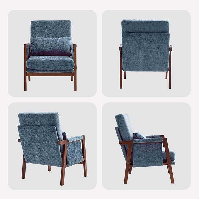 Accent Chairs Set of 2 Mid-Century Modern with Lumbar Support Pillow Upholstered Living Room Chairs with Wooden Chenille Armchair with Cushion Anthropologie Side Chair for Bedroom Navy