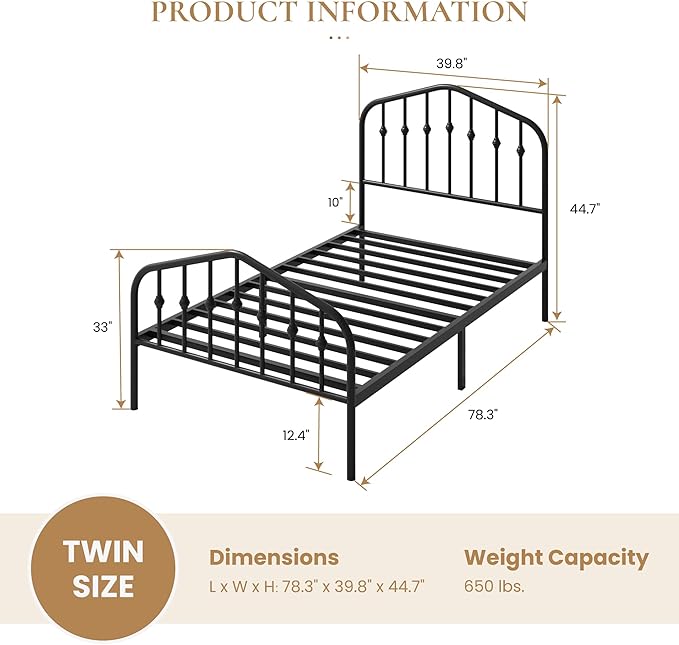 SHA CERLIN Twin Size Metal Platform Bed Frame with Victorian Style Wrought Iron-Art Headboard/Footboard No Box Spring Required Black