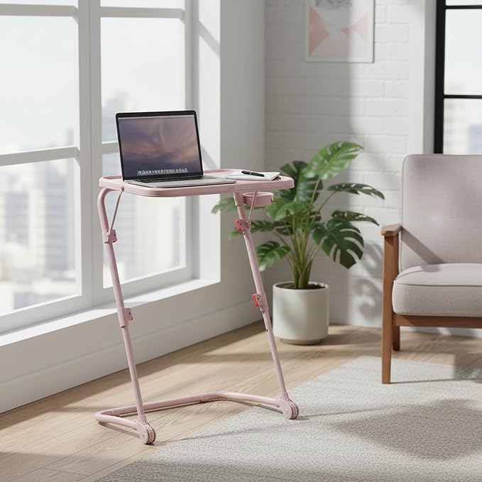 Homy Casa Adjustable Z Shaped Study Desk with Cup Holder Space Saving Portable Laptop Foldable Table for Home Office Living Room &amp Bedroom Sturdy Metal Frame &amp PP Top Black (1PC-Pink)