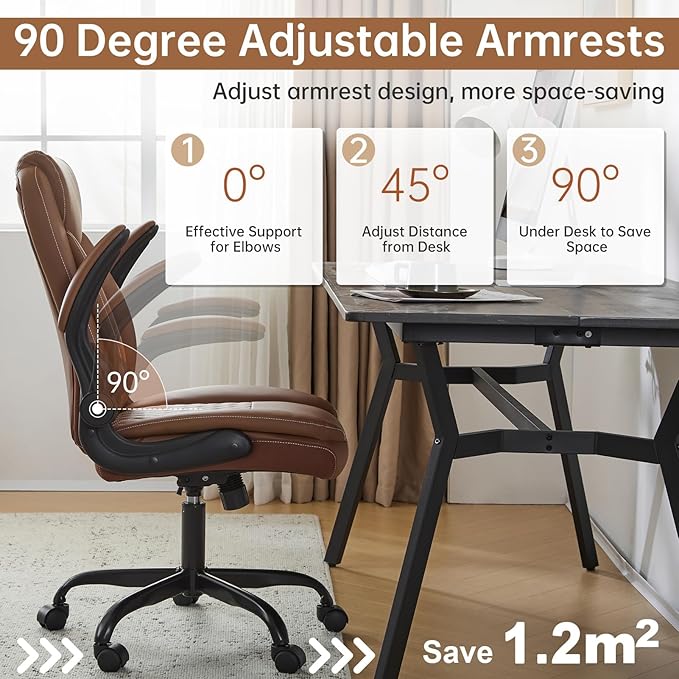 YFO Leather Office Ergonomic Home Office Desk Chair Back Support Swivel Executive Office Chair with Wheels and Flip-Up Armrests Small Gaming Chair with Adjustable Rocking Function Brown