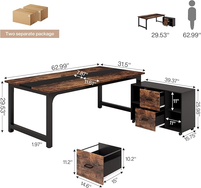 Tribesigns 63 Computer Desk with 40 Lateral File Cabinet L Shaped Executive Desk with Mobile Drawer Cabinet Office Furniture Set for Home Study Workstation Rustic Brown &amp Black