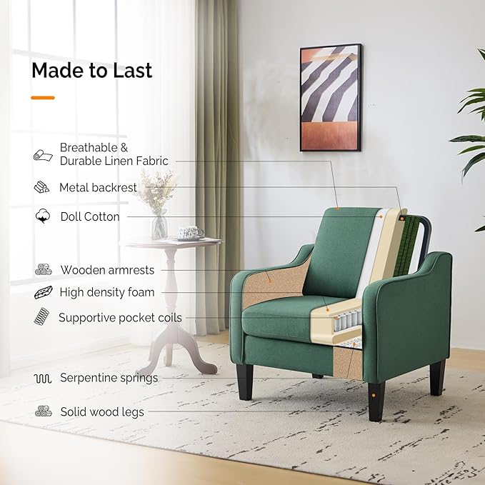VINGLI Accent Chair for Living Room Chairs Dark Green Reading Chair for Bedroom Scooped Arm Chair Mid Century Modern Accent Chairs Upholstered Comfy Chair for Apartment Waiting Room