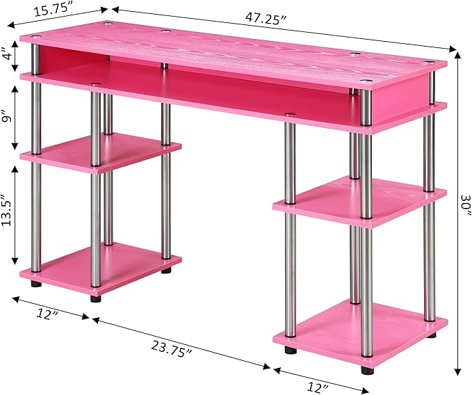 Convenience Concepts Designs2Go No Tools Student Desk 47.25 - Contemporary Office Dorm Room Desk and Vanity with Storage Shelves Pink
