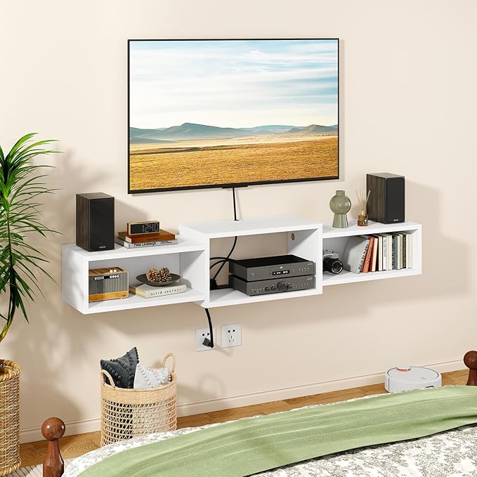 IBUYKE Floating TV Stand Wall Mounted with Power OutletModern Wood Wall Mounted Media Console ShelfFloating Entertainment Center for Under TV Storage for Living Room Bedroom OfficeWhite WST001W