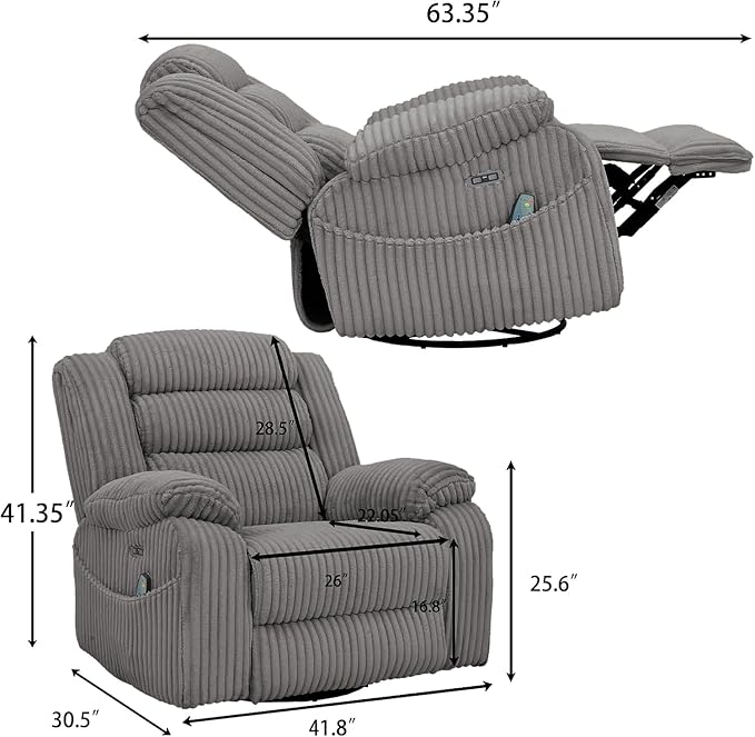 ERYE 41.8 Oversized Swivel Glider Rocker Chair Power Reclining Chair W/Vibration HeatUSB-C PortsModern Corduroy Upholstered Power Recliner Nursery Armchair Living Room