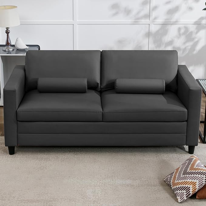 BALUS 79 W Queen Size Pull Out Sofa Bed 2-in-1 Convertible Sleeper Couch with Fold Out Mattress Modern Faux Leather Sleeper Sofa for Living Room Apartment Includes 2 Bolster Pillows - Dark Grey