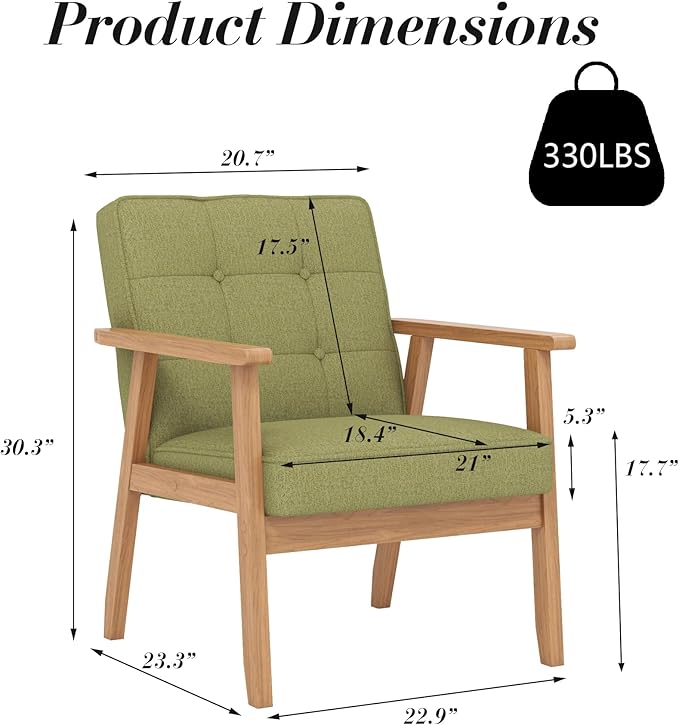 KCC Mid-Century Modern Linen Fabric Accent Chair Upholstered Tufted Leisure Chair Comfy Reading Side Chair with Armrest and Solid Wood Frame for Living Room Bedroom Balcony(Green)