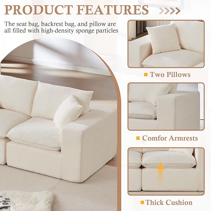 78'' Chenille Modular Loveseat White Boneless Loveseat with 2 Pillows Cloud Couch Love Seats for 2-Seater Upholstered Sectional Sofa for Living Room No Assembly Freely Combinable (White)