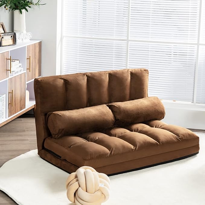 KOMFOTT Adjustable Floor Sofa Bed Foldable Lazy Sofa Sleeper Bed with 6 Position Backrest &amp 2 Pillows Convertible Futon Couch Bed with Suede Cloth Cover Lounge Recliner for Living Room (Coffee)