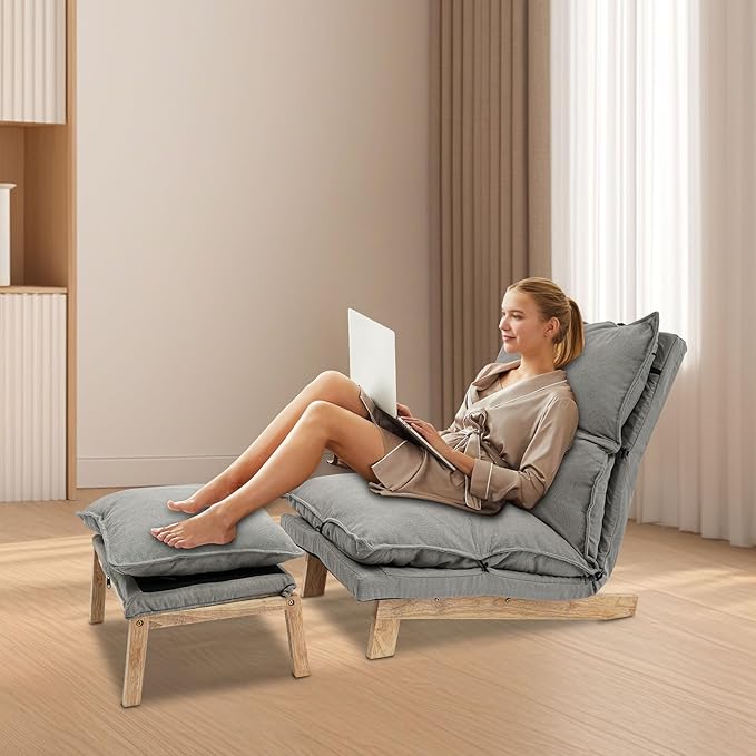 Single Lazy Sofa Lounge Chair with Footstool 5-Position Reclining Comfort for Living Room Balcony Japanese Tatami Floor Recliner Modern Leisure Recliner Indoor Use Grey