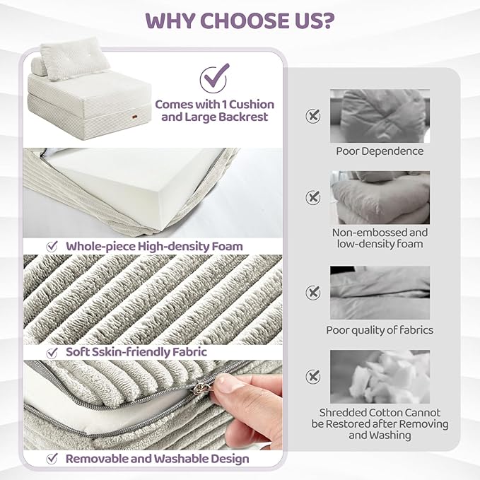 Folding Sofa Bed Chair Sleeper Chair for Adults with High-Density Foam and PillowPortable 3 in 1Folding Chair Bed for Living Room、Apartment 、HotelSingle Creamy Apricot