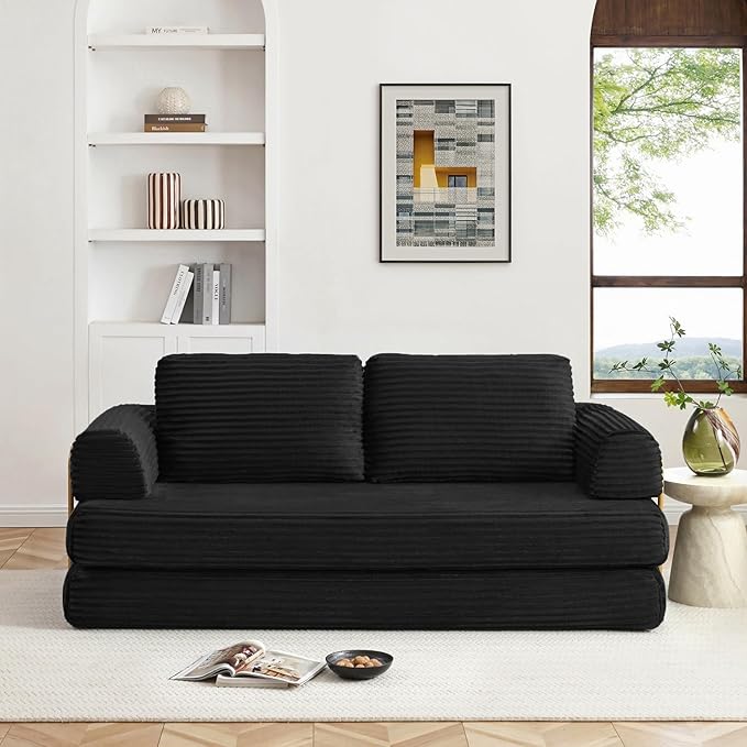 Convertible Folding Sofa Bed Modern Futon Sleeper Sofa Fold Out Couch Bed with Gold Fixed Frame Modular Floor Sofas Comfy Corduroy Boneless Couches for Living Room (80 Black)