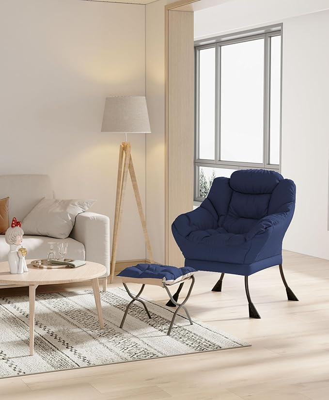 Living Room Chair with Ottoman Modern Lounge Accent Chair with Armrests and a Side Pocket Leisure Upholstered Sofa Lazy Chair Reading Chair with Footrest for Small Space (Navy Blue)