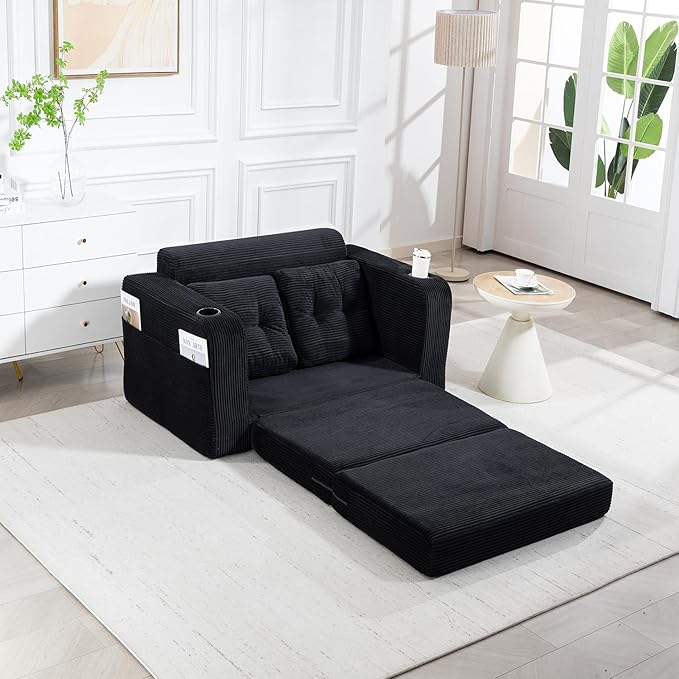 53'' Folding Sofa Bed Boneless Loveseat Sleeper Sofa 2 in 1 Convertible Foldable Pull Out Sofa Bed with Pillows Comfy Cloud Floor Couch for Living Room Small Space No Assembly (Black)