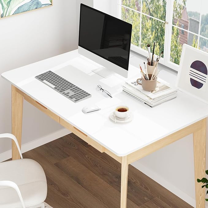 FUFU&ampGAGA 39” Office Desk Rectangular Computer Desk with 2 Drawers Writing Table for Reading Crafting Home Office Study Room White and Oak 39.4”W x 21.7”D x 29.5”H