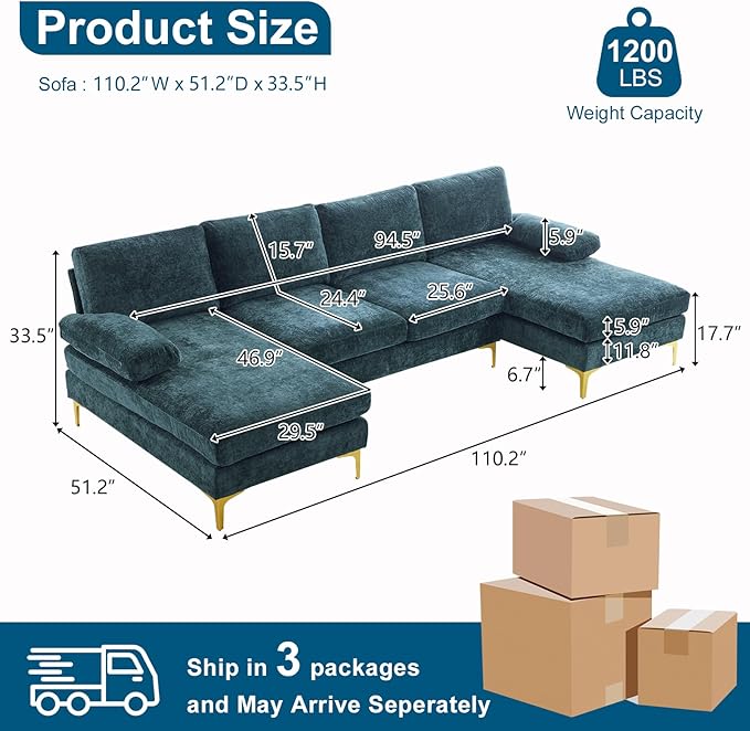 VINGLI 110 Large U-shape Sectional Sofa Couch with 51D Double Chaise for Living Room Modern Sectional Couch Set with Soft 5.9 Thickness Seating Padding Chenille Fabric Metal Gold Legs(Rich Cyan)