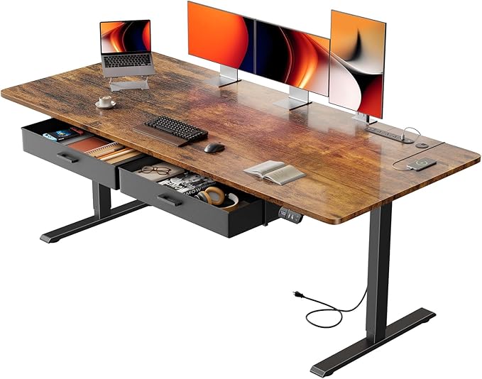 HLDIRECT Electric Standing Desk Extra Large 71 x 31.5 Inches Height Adjustable Table with Outlets Sit Stand Computer Desk with Drawers for Home Office Ergonomic Rising Workstation Rustic Brown
