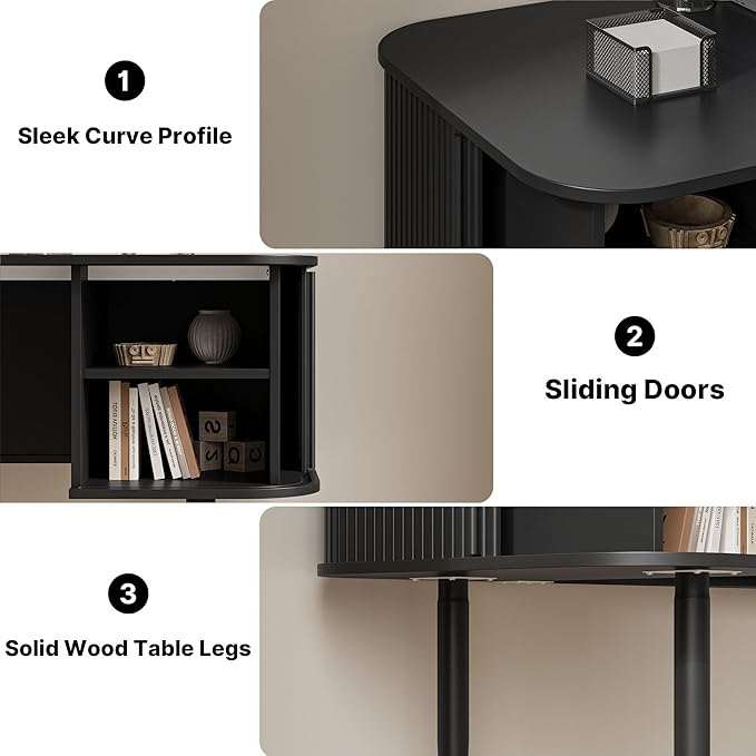 55 Modern Writing Desk with Storage Wood Home Office Desk with Sliding Doors Computer Desk for Home Office Dorm Living Room Home Study Table Black