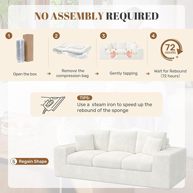 91.7 Boneless Sofa Couch with Layered Cushion3 Seater Cloud Couch with Deep SeatUpholstered Corduroy Floor Sofa with Removable Cover &ampThrow Pillows for Living RoomNo Assembly Beige
