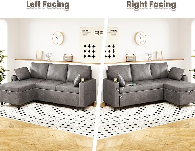Leather Sleeper Sofa Bed Couch Pull Out Couch with Reversible Storage Chaise Sectional Couches with USB Charging Ports&ampCup Holders for Living Room Grey | USB Storage