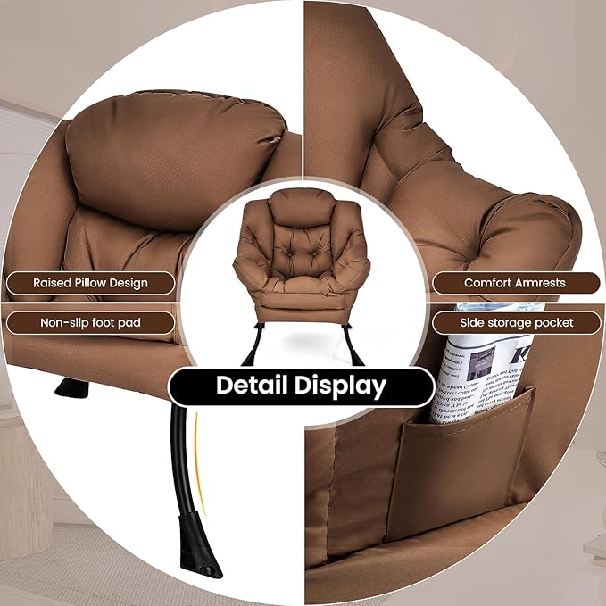 GORELAX Modern Lazy ChairUpholstered Lounge Accent Chair Single Leisure Sofa Chair with Armrests &amp Side Pocket Comfy Reading Chair for Bedroom Living Room Dorm Room (Brown)