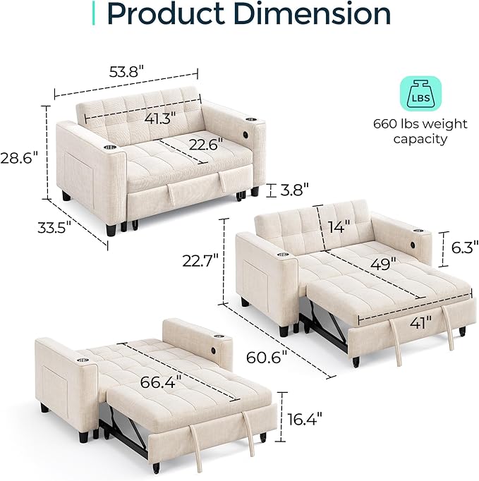 LINSY Sleeper Sofa Bed 54 Pull Out Couch with Charging Station &amp Cup Holder Small 3 in 1 Convertible Loveseat Sleeper Couch for Apartment Dorm Room Bedroom and Small Space Chenille Beige
