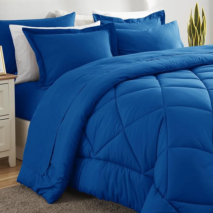 CozyLux Queen Comforter Set Classic Blue - Bed in a Bag Queen Size 7 Pieces Luxury Soft Bed Set for All Seasons Bedding Set with Down Alternative Comforter Sheets Pillowcases &amp Shams