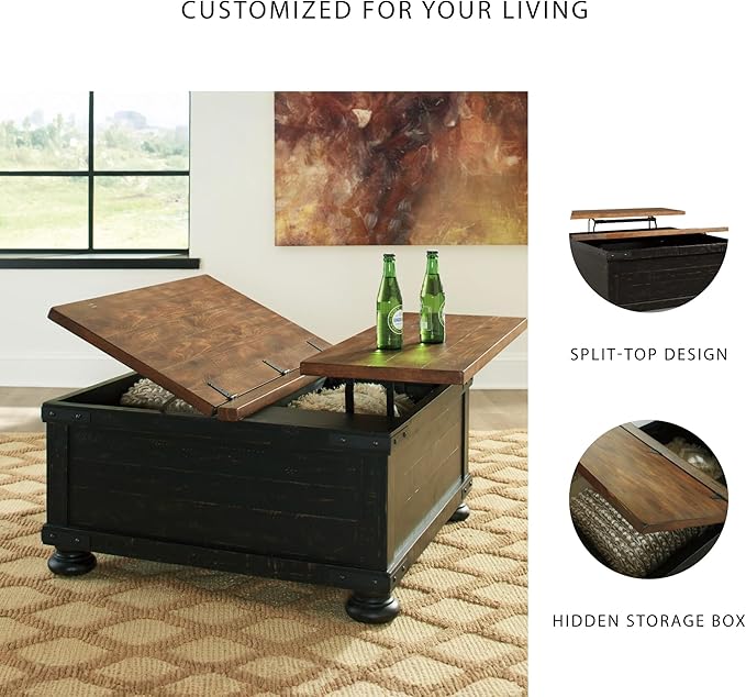 Signature Design by Ashley Valebeck Lift Top Coffee Table Storage Split-top Design Wood 36 W x 36 D x 18 H 2-tone Distressed Brown &amp Black Finish