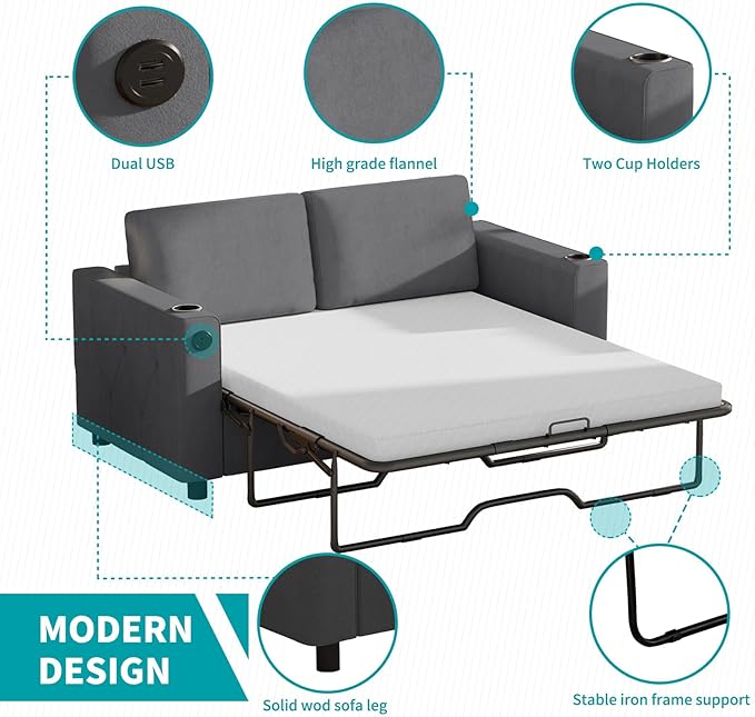 BALUS Pull Out Sofa Bed Full Size Sleeper Sofa with Inbuilt Cup Holder &amp USB Ports 2-in-1 Convertible Pullout Couch with Memory Foam Mattress for Living Room Home Office Dark Grey