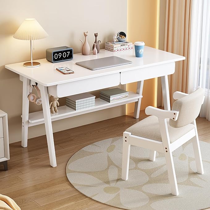 Solid Wood Writing Desk Mid-Century Modern Desk with 2 Drawers and Storage Shelf Home Office Computer Desk Easy Assembly(31inches White)