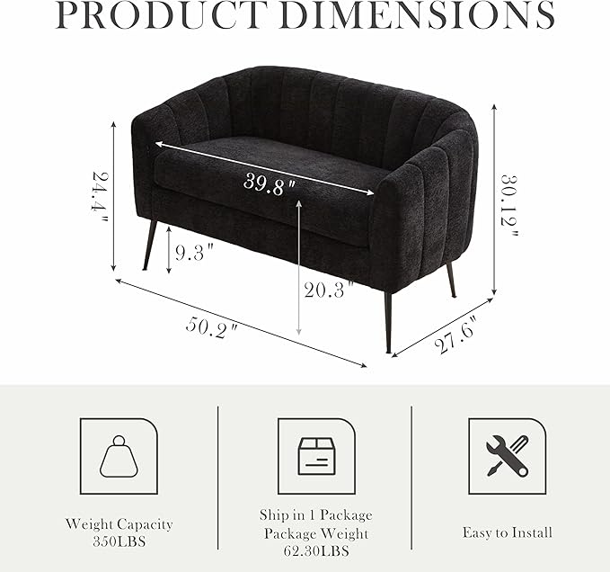 Aoiy &amp Wifon 50.2'' W Upholstered Loveseat Sofa Boucle 2-Seat Settee Loveseat with Metal Legs Upholstered Small Accent Couch for Small Spaces Raindrop Velvet Chenille Fabric Black