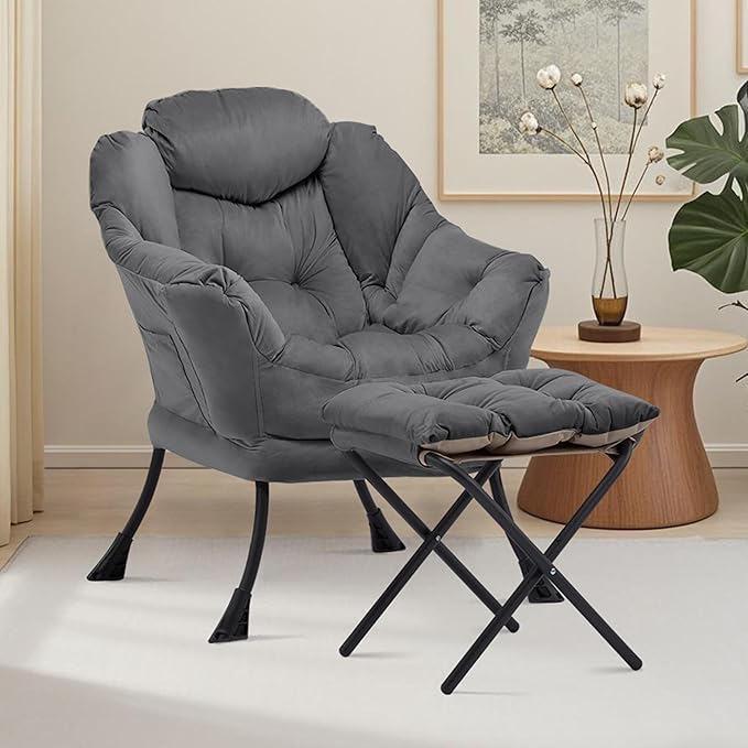 Lazy Chair with Ottoman Comfy Accent Lounge Chair with Side Pocket Modern Reading Armchair with Footrest Upholstered Sofa Chair for Small Spaces Bedroom Living Room Dorm Darkgrey