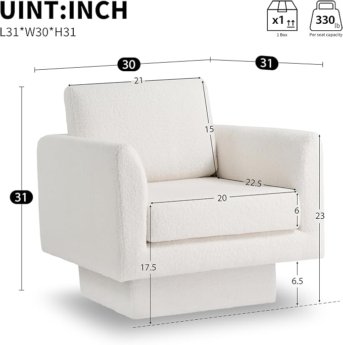 360° Swivel Modern Accent Chair 30 W Teddy Velvet Sherpa Fabric Armchair Thick Padded Upholstered Barrel Chair Comfy Lounge Sofa Reading Club Chair for Living Room Bedroom Nursery (Cream)