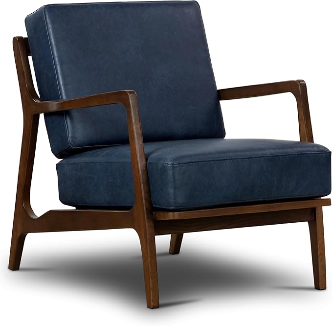 Poly &amp BARK Verity Leather Accent Chair – Armchair with Walnut Wood Frame – Fashion-Forward Lounge Seating for Living Room – Upholstered in Midnight Blue Leather for Modern Style