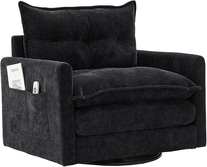 Swivel Accent Chairs for Living Room 36.2 Comfy Swivel Chair with Solid Metal Base Single Sofa with Pillows &amp Side Pockets (Black)