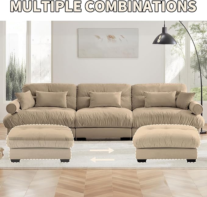 130 Large Sectional Couches for Living Room Cloud Modern Modular Deep Seat Sofa Set Comfy Couches Velvet Fluffy 3 Seater Sofa Set for Bedroom Apartment Taupe