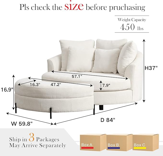 Aoiy &amp Wifon 59.8 W Oversized Barrel Chair with Ottoman Round Chair with Ottoman Extra Large Living Room Chair Set with Wheels Knitted Chenille Beige