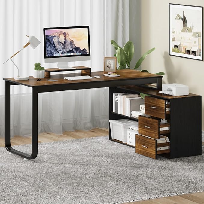 55 Inch L Shaped Desk with 3 Drawers Home Office Desk with Storage Shelves Computer Desk with Monitor Stand Black