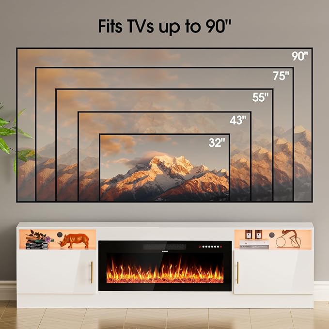 AHB Fireplace TV Stand 80 Inch LED Light Entertainment Center with 36 Electric Fireplace Storage Cabinet and Door Handles Media Console Table for TVs Up to 90 Inches Ideal for Living Room